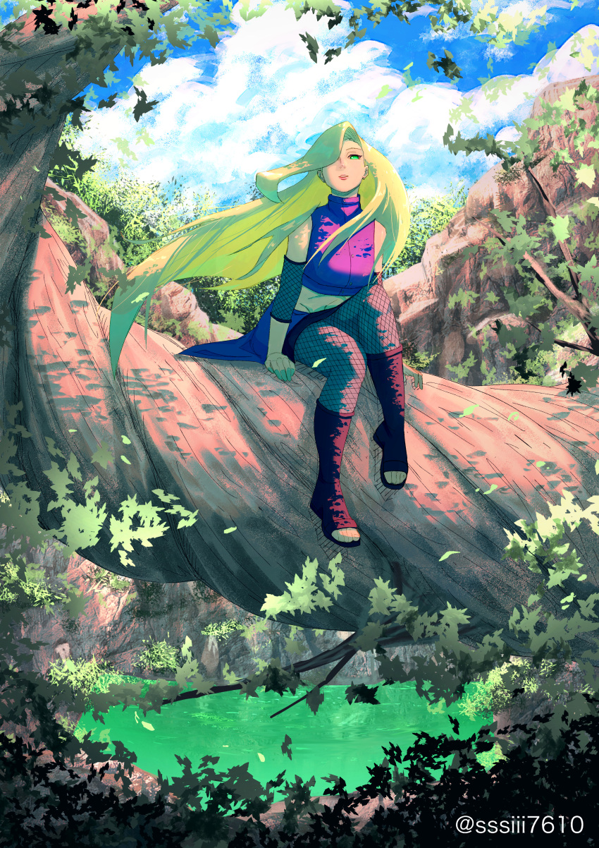 1girl absurdres blonde_hair brown_footwear clouds cloudy_sky crop_top elbow_sleeve fishnets forest green_eyes hair_over_one_eye highres in_tree long_hair naruto naruto_(series) naruto_shippuuden nature pond sitting sitting_in_tree sky solo sssiii7610 toeless_footwear tree very_long_hair yamanaka_ino