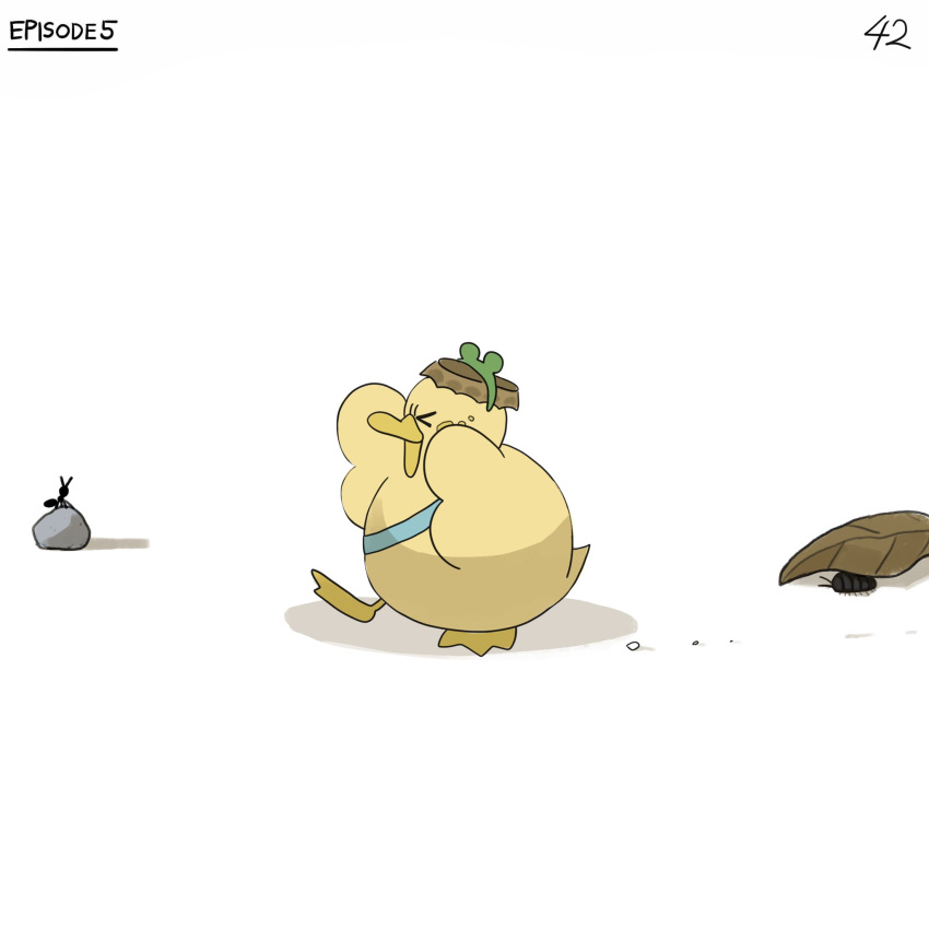 &gt;_&lt; ant bird bug diva_(hyxpk) duck duckling english_commentary frog_headband highres leaf no_humans numbered original page_number rock simple_background white_background