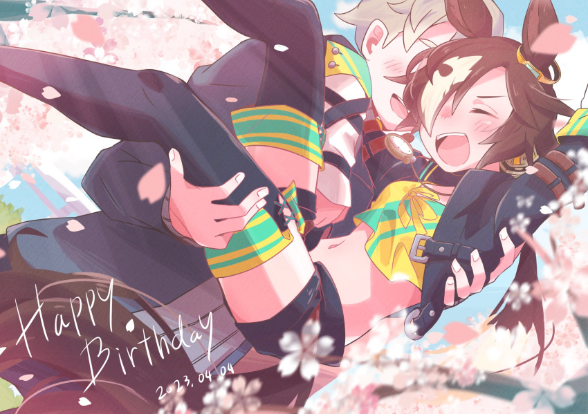 1boy 1girl animal_ears arm_up black_footwear black_shorts blue_sky boots brown_hair carrying cherry_blossoms closed_eyes crop_top dated hair_over_one_eye happy_birthday highres horse_ears horse_girl horse_tail long_hair long_sleeves maru_(hachi_47923) midriff navel open_mouth outdoors petals ponytail princess_carry shirt short_hair shorts sky smile stomach stopwatch_around_neck tail thigh_boots trainer_(umamusume) umamusume vodka_(umamusume) yellow_shirt