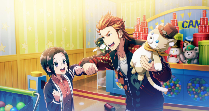 2boys akai_suzaku animal_on_shoulder black_hair buttons cat cat_on_shoulder collared_shirt fingernails fist_bump hat highres holding holding_stuffed_toy idolmaster idolmaster_side-m idolmaster_side-m_growing_stars jewelry long_sleeves male_child male_focus multicolored_hair multiple_boys necklace nyako_(idolmaster) official_art okamura_nao open_clothes orange_eyes orange_hair redhead ring shirt smile streaked_hair stuffed_animal stuffed_cat stuffed_toy teeth top_hat upper_teeth_only violet_eyes