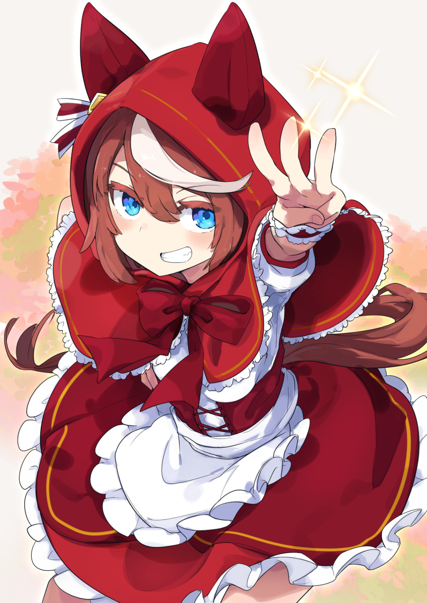 1girl animal_ears apron blue_eyes bow bowtie brown_hair capelet corset cosplay grin hair_between_eyes halloween highres hood hood_up horse_ears horse_girl horse_tail little_red_riding_hood little_red_riding_hood_(grimm) little_red_riding_hood_(grimm)_(cosplay) multicolored_hair outstretched_arm reaching_towards_viewer red_skirt shirt skirt smile solo sparkle streaked_hair tail tokai_teio_(umamusume) totomono umamusume upper_body w waist_apron white_shirt wrist_cuffs