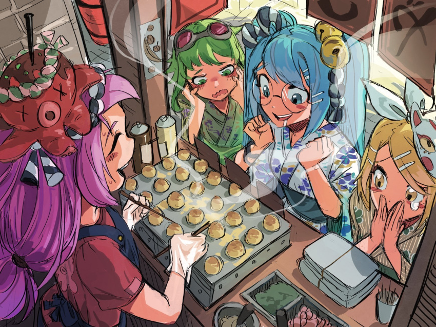 4girls anidasayongjung animal_on_head apron aqua_eyes aqua_hair bell blonde_hair blue_kimono blush bottle bow clenched_hands closed_eyes commentary covering_mouth english_commentary floral_print food fox_mask from_above glasses gloves goggles goggles_on_head green_hair green_kimono gumi hair_bell hair_bow hair_ornament hairclip hands_on_own_cheeks hands_on_own_face hatsune_miku highres holding holding_stick japanese_clothes kagamine_rin kimono long_hair mask mask_on_head megurine_luka multiple_girls octopus on_head open_mouth pink_shirt plastic_gloves procreate_(medium) red_goggles rope saliva shirt shop smile steam stick swept_bangs takoyaki takoyaki_pan twintails vocaloid white_bow white_gloves white_kimono x_x yellow_eyes yellow_kimono