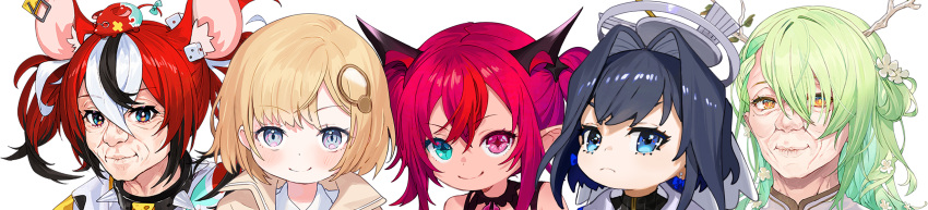 5girls aged_down aged_up animal_ears animal_on_head black_hair blonde_hair blue_eyes blush ceres_fauna close-up dice_hair_ornament earrings english_commentary flower green_hair hair_flower hair_ornament hakos_baelz heterochromia highres hololive hololive_english horns irys_(hololive) jewelry looking_at_viewer mole mole_under_eye monocle_hair_ornament mouse_ears mouse_girl mouse_on_head mr._squeaks_(hakos_baelz) multicolored_hair multiple_girls ninomae_ina'nis_(artist) old old_woman on_head ouro_kronii redhead simple_background smile streaked_hair twintails violet_eyes virtual_youtuber watson_amelia white_background white_hair wide_image yellow_eyes