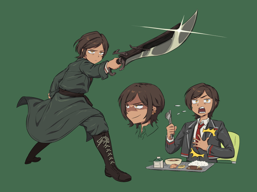 1girl absurdres black_jacket brown_hair caramelpopcoms2 dark-skinned_female dark_skin e.g.o_(project_moon) food highres holding holding_weapon jacket limbus_company long_sleeves looking_at_viewer open_mouth outis_(limbus_company) project_moon short_hair solo weapon