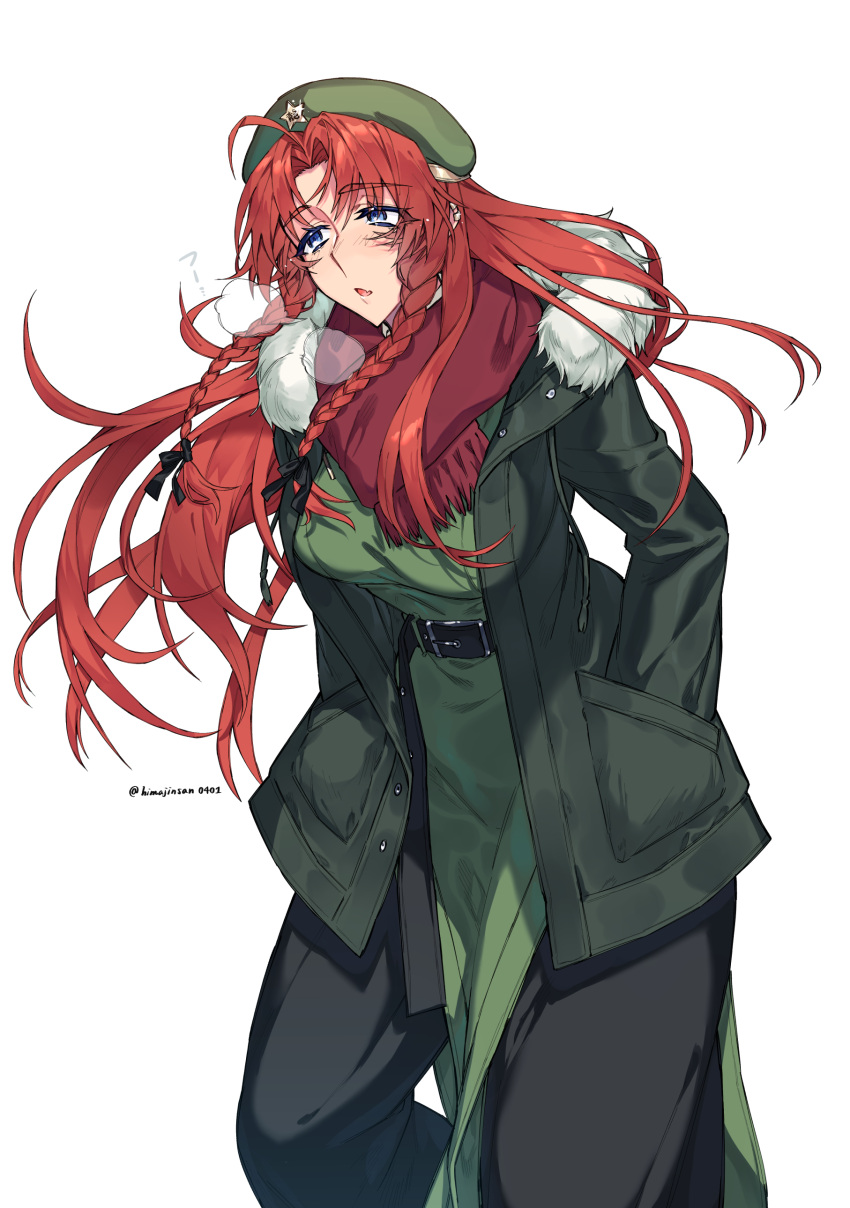 1girl absurdres beret blue_eyes braid breath fur_trim green_headwear green_jacket green_pants hands_in_pockets hat hat_ornament highres himadera hong_meiling jacket long_hair long_sleeves open_mouth pants redhead side_braids simple_background solo star_(symbol) star_hat_ornament touhou twin_braids twitter_username white_background winter_clothes