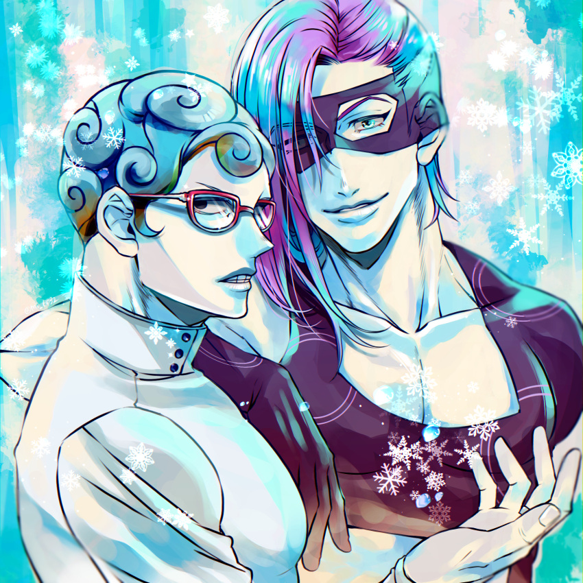2boys blue_eyes blue_hair clothing_cutout curly_hair domino_mask ghiaccio glasses gloves highres jojo_no_kimyou_na_bouken male_focus mask melone mikan03260 multicolored_hair multiple_boys pectoral_cleavage pectorals purple_hair red-framed_eyewear snowflakes snowing vento_aureo