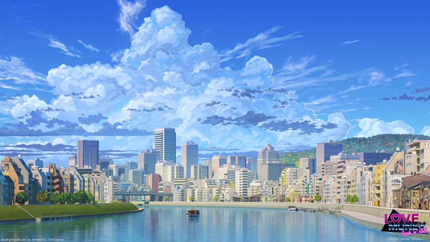 arsenixc blue_sky boat building city cityscape clouds copyright copyright_name day grass highres hill love_money_rock'n'roll no_humans outdoors river scenery sky tree water watercraft