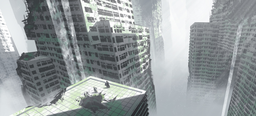 1other abandoned ambiguous_gender asteroid_ill city day destruction from_above highres looking_afar moss on_roof original outdoors post-apocalypse robe rooftop scenery shadow sky solo standing white_robe