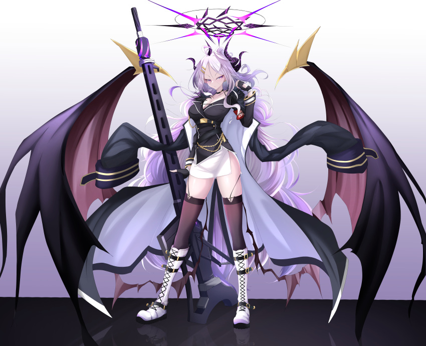 1girl absurdres aged_up ahoge alternate_costume armband black_choker black_thighhighs blue_archive boots choker coat coat_on_shoulders collarbone commentary_request demon_girl demon_horns demon_wings fingerless_gloves full_body gloves gun hair_between_eyes hair_ornament hairclip halo highres hina_(blue_archive) holding holding_gun holding_weapon horns knee_boots long_hair long_sleeves looking_at_viewer machine_gun mg42 military military_uniform ponytail side_slit sidelocks simple_background skirt solo standing thigh-highs two-sided_coat uniform ville87804 violet_eyes weapon white_footwear white_hair white_skirt wings zettai_ryouiki