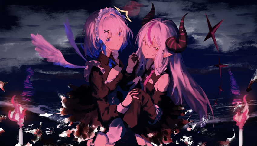 2girls 7ife absurdres amane_kanata black_dress black_nails blue_hair blue_ribbon cleavage_cutout clothing_cutout commentary_request dress fireworks hair_ornament highres hololive horns la+_darknesss long_hair looking_at_viewer maid_headdress moon multicolored_hair multiple_girls necktie night o-ring o-ring_thigh_strap ocean outdoors pink_hair pink_necktie red_eyes ribbon short_hair shoulder_cutout sparkler streaked_hair thigh_strap violet_eyes virtual_youtuber white_hair wings