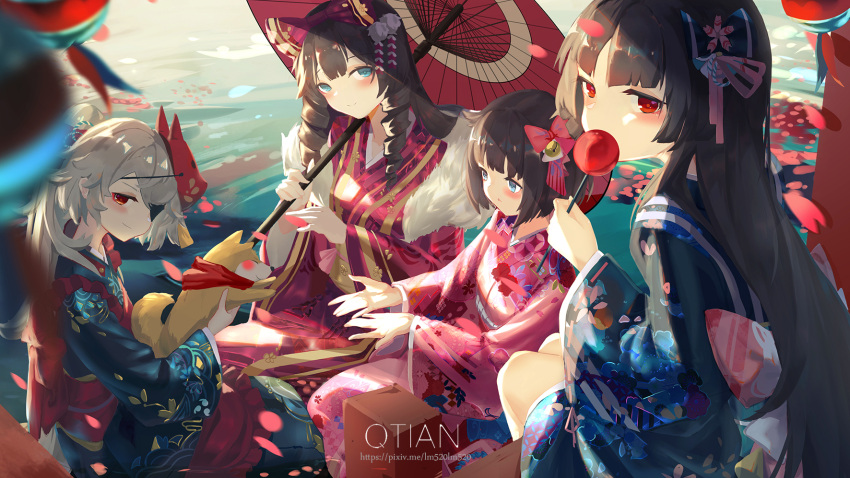 4girls animal artist_name bandana_around_neck black_hair blue_bow blue_eyes blue_kimono bob_cut bow brown_hair candy candy_apple commentary dog drill_hair eating eyepatch floral_print flower food fox_mask fur-trimmed_kimono fur_trim girls_frontline hair_bow hair_flower hair_ornament highres holding holding_animal holding_candy holding_dog holding_food holding_umbrella howa_type_64_(girls'_frontline) japanese_clothes kimono light_smile long_hair looking_at_viewer mask mask_on_head multiple_girls obi official_art oil-paper_umbrella open_hands petals pink_kimono pixiv_id qtian red_bow red_eyes red_kimono river sash shiba_inu short_hair twin_drills type_100_(girls'_frontline) type_4_(girls'_frontline) type_62_(girls'_frontline) umbrella water white_hair