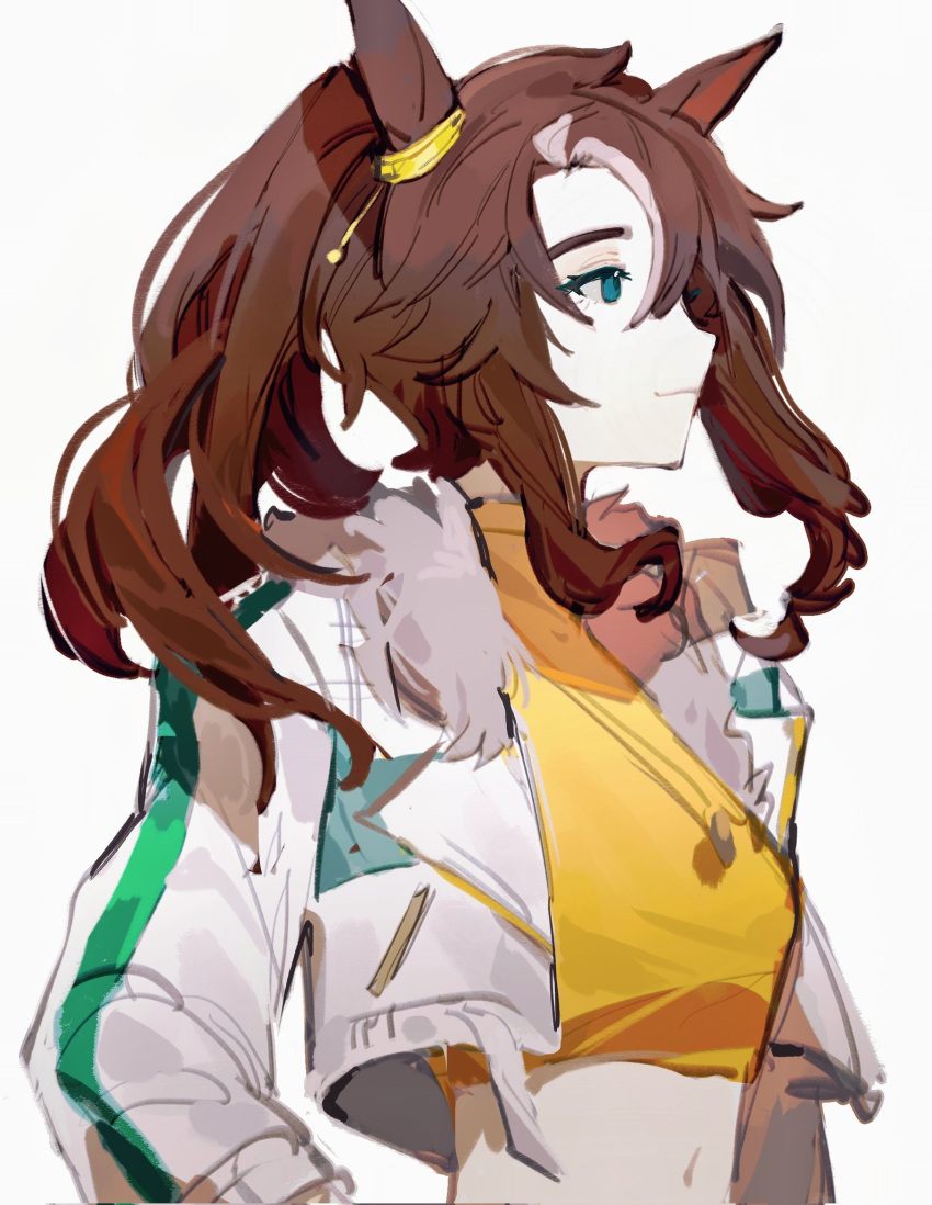 1girl animal_ears breasts brown_hair closed_mouth crop_top cropped_jacket fur-trimmed_jacket fur_trim green_eyes highres hikawayunn horse_ears jacket jewelry long_hair long_sleeves looking_afar mejiro_palmer_(umamusume) midriff multicolored_hair navel necklace open_clothes open_jacket shirt simple_background small_breasts smile solo streaked_hair umamusume upper_body white_jacket yellow_shirt