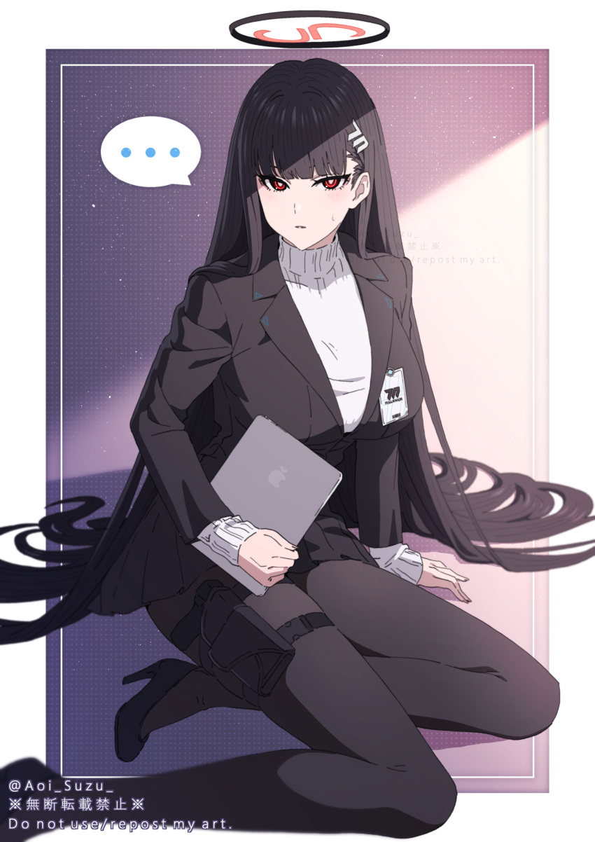 ... 1girl aoi_suzu black_footwear black_hair black_pantyhose blazer blue_archive blunt_bangs breasts hair_ornament hairclip halo high_heels highres hime_cut holster holstered jacket long_hair looking_at_viewer pantyhose pleated_skirt red_eyes rio_(blue_archive) sitting skirt spoken_ellipsis sweatdrop sweater table thigh_holster turtleneck turtleneck_sweater very_long_hair yokozuwari
