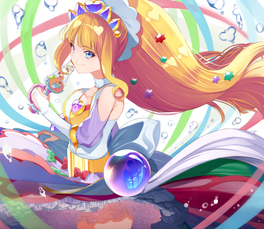 1girl absurdres air_bubble back_bow blonde_hair blue_eyes blue_headwear blunt_bangs bow bridal_gauntlets brooch bubble clothing_cutout creamy_fleuret cure_finale delicious_party_precure dress frilled_dress frills gloves hair_ornament heart_brooch highres holding huge_bow jewelry kasai_amane long_hair looking_at_viewer magical_girl medium_dress precure shoulder_cutout smile solo standing star_(symbol) star_hair_ornament tiara white_bow white_dress white_gloves wind wind_lift yuutarou_(fukiiincho)