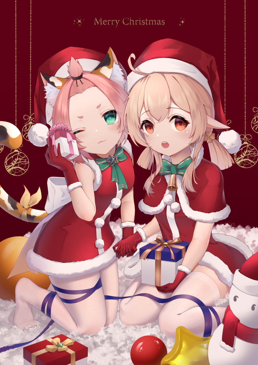 2girls :o ;) ;3 absurdres alternate_costume animal_ear_fluff animal_ears bangs_pinned_back bingchuan_xian_yu_huang box capelet cat_ears cat_girl cat_tail christmas christmas_ornaments commentary_request diona_(genshin_impact) dress english_text forehead genshin_impact gift gift_box gloves green_eyes hair_between_eyes hair_ribbon hat highres holding holding_box holding_gift holding_hands klee_(genshin_impact) kneeling light_brown_hair long_hair looking_at_viewer low_twintails merry_christmas multiple_girls one_eye_closed pink_hair pointy_ears red_capelet red_dress red_eyes red_gloves ribbon santa_costume santa_hat short_dress sidelocks simple_background sitting sleeveless smile snowman tail thick_eyebrows thigh-highs twintails wariza white_thighhighs zettai_ryouiki
