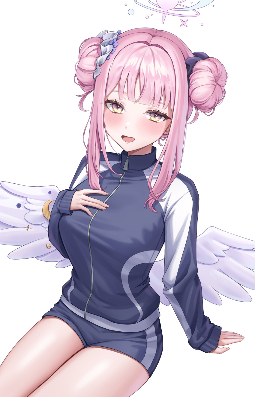 1girl absurdres angel_wings black_scrunchie blue_archive blue_jacket blue_shorts blush breasts double_bun gym_shorts hair_bun hair_ornament hair_scrunchie halo hand_on_own_chest highres jacket kangse415 large_breasts long_hair looking_at_viewer low_wings mika_(blue_archive) pink_hair scrunchie shorts smile solo track_jacket white_scrunchie white_wings wing_ornament wings yellow_eyes
