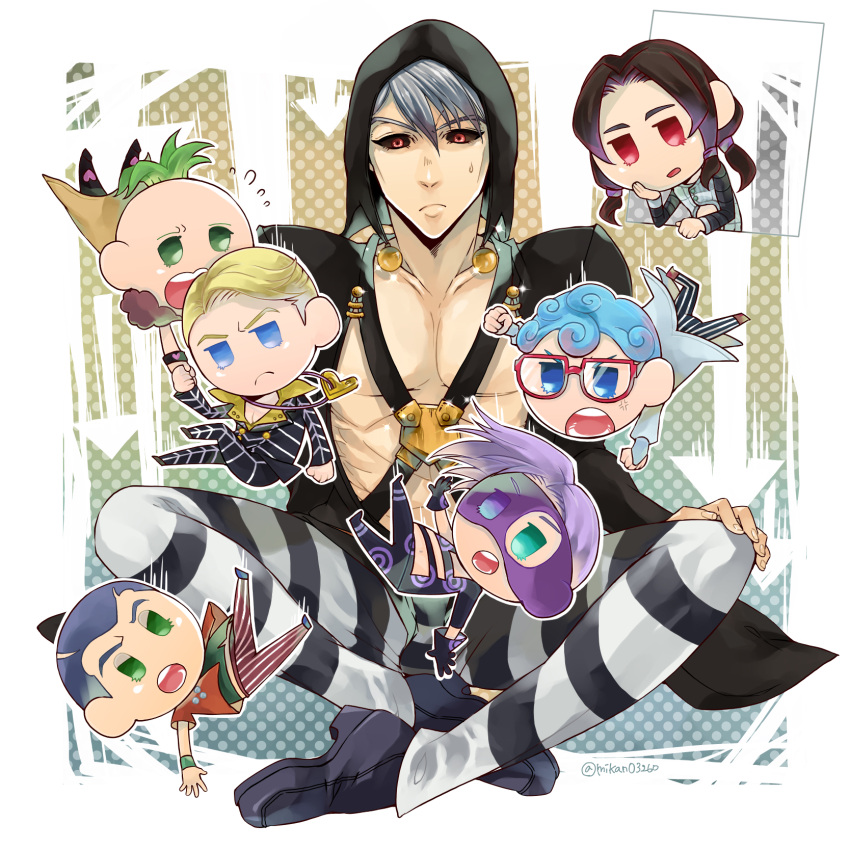 6+boys black_hair black_sclera blonde_hair blue_eyes blue_hair chibi colored_sclera domino_mask falling formaggio ghiaccio green_eyes green_hair grey_hair hat_bobbles highres illuso jewelry jojo_no_kimyou_na_bouken magatama magatama_necklace male_focus mask melone mikan03260 multiple_boys multiple_tails necklace pants pesci prosciutto red_eyes risotto_nero striped striped_pants tail vento_aureo