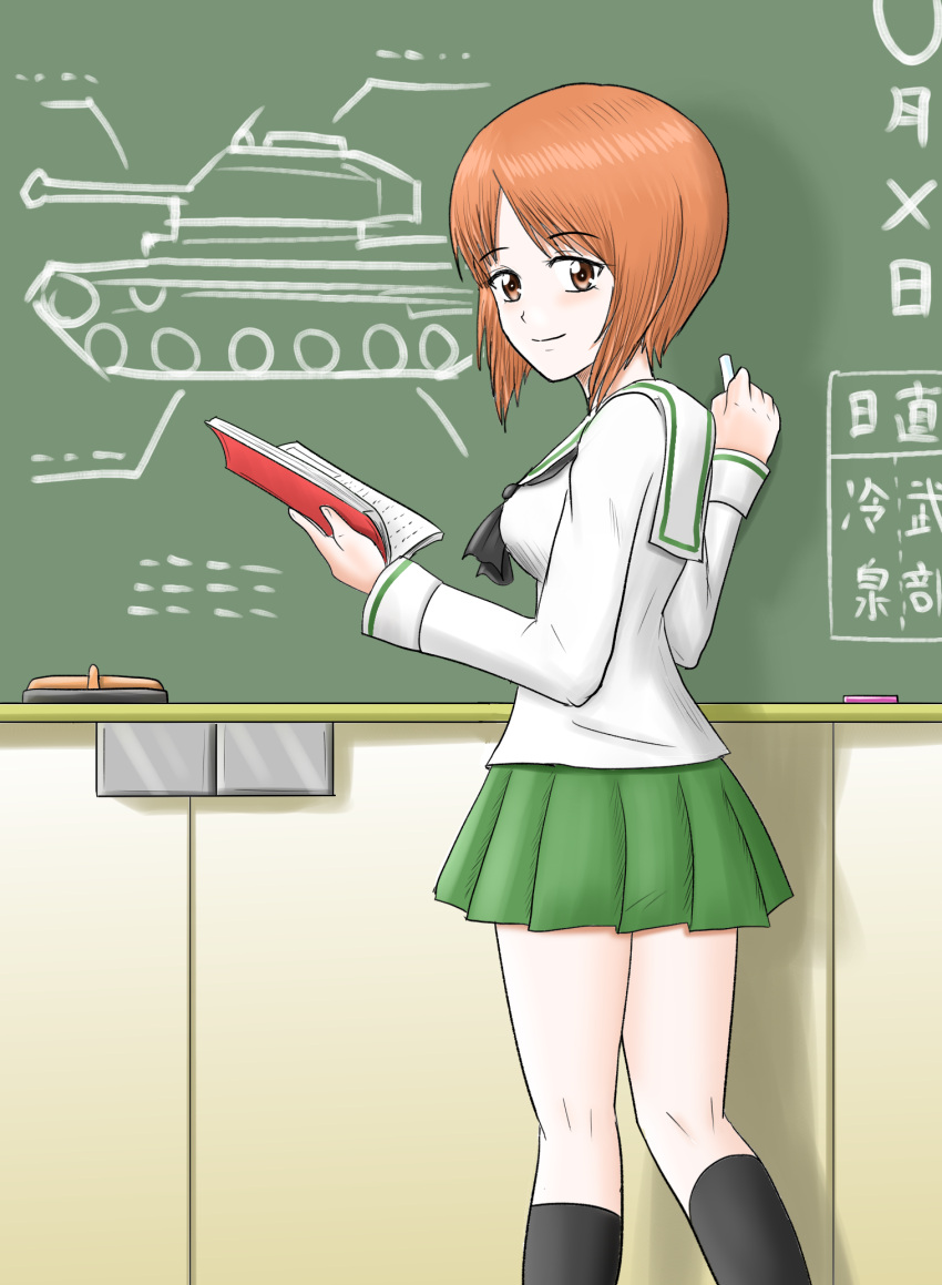1girl black_neckerchief blouse book brown_eyes brown_hair chalk chalkboard closed_mouth commentary drawing eraser from_behind girls_und_panzer green_skirt harukai-i highres holding holding_book holding_chalk kneehighs long_sleeves looking_at_viewer looking_back military military_vehicle miniskirt motor_vehicle neckerchief nishizumi_miho ooarai_school_uniform pleated_skirt sailor_collar school_uniform serafuku shirt short_hair skirt smile socks solo standing tank translated white_sailor_collar white_shirt