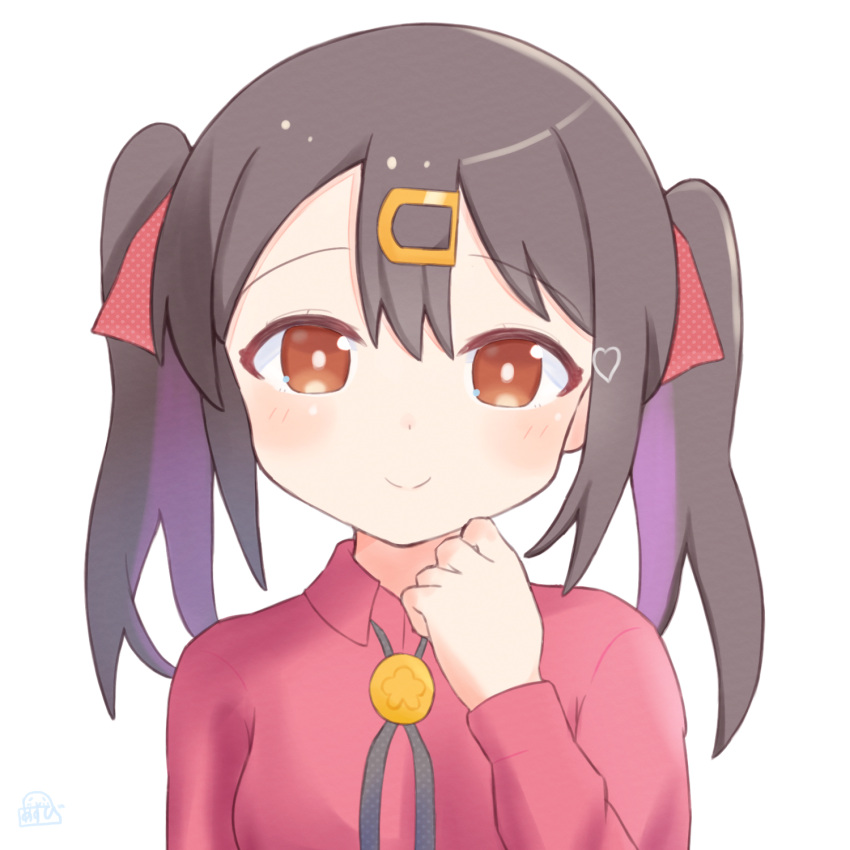 1girl black_hair bolo_tie brown_eyes commentary hair_between_eyes hair_ornament hair_ribbon hairclip heart highres light_blush long_hair long_sleeves looking_at_viewer multicolored_hair omochi_tabeyo97 onii-chan_wa_oshimai! oyama_mihari portrait purple_hair red_ribbon red_shirt ribbon shirt simple_background smile solo twintails two-tone_hair white_background wing_collar