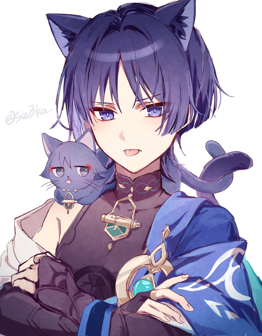 2boys animal_ears cat cat_boy cat_ears cat_tail closed_mouth crossed_arms dual_persona genshin_impact highres japanese_clothes male_focus multiple_boys purple_cat purple_fur purple_hair red_eyeliner scaramouche_(genshin_impact) scaramouche_(kabukimono)_(genshin_impact) su3ka tail tongue tongue_out violet_eyes vision_(genshin_impact) wanderer_(genshin_impact) white_background