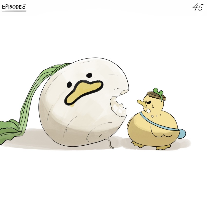 angry bird bite_mark blue_bag diva_(hyxpk) duck duckling eating english_commentary frog_headband highres no_humans numbered original page_number simple_background turnip white_background