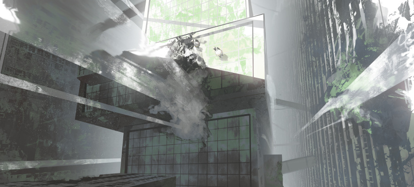 1other abandoned ambiguous_gender asteroid_ill city day destruction fog from_above highres moss original outdoors post-apocalypse robe scenery shadow solo water waterfall white_robe