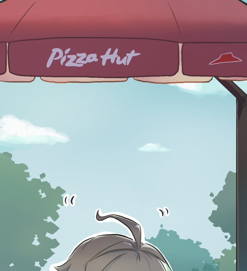 1boy ahoge alhaitham_(genshin_impact) clouds commentary company_name day genshin_impact grey_hair highres out_of_frame outdoors pizza_hut sky solo tree xinzoruo