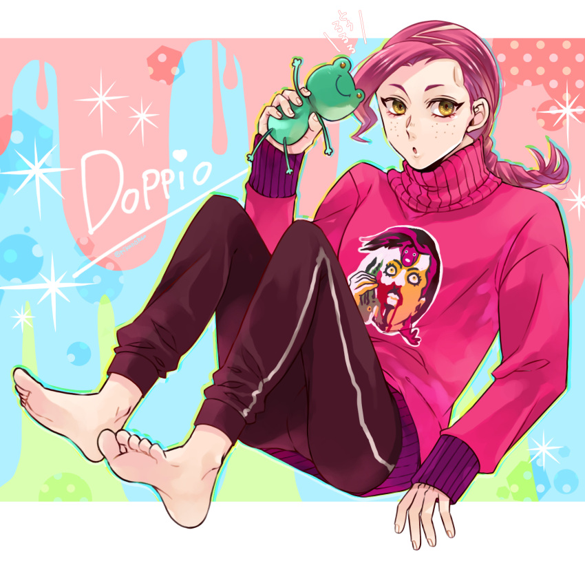 1boy alternate_costume barefoot blood braid freckles highres jojo_no_kimyou_na_bouken long_hair looking_at_viewer male_focus mikan03260 nosebleed pink_hair pout sitting solo stuffed_animal stuffed_frog stuffed_toy sweater vento_aureo vinegar_doppio yellow_eyes