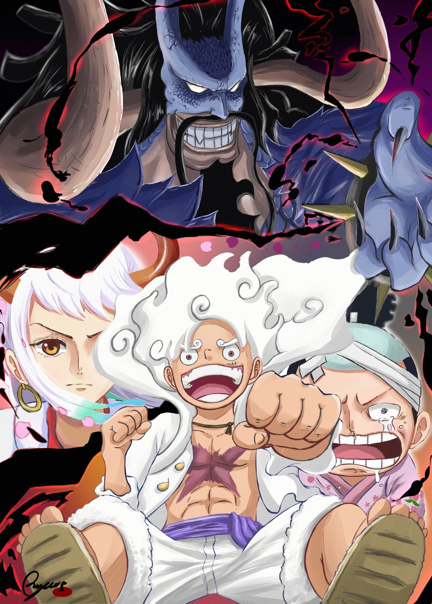 1girl 3boys absurdres apple7apo black_hair clenched_hand crying earrings facial_hair father_and_daughter gear_fifth high_ponytail highres horns japanese_clothes jewelry kaidou_(one_piece) long_hair looking_at_viewer momonosuke_(one_piece) monkey_d._luffy multicolored_hair multiple_boys mustache one_piece oni oni_horns short_hair smile yamato_(one_piece)