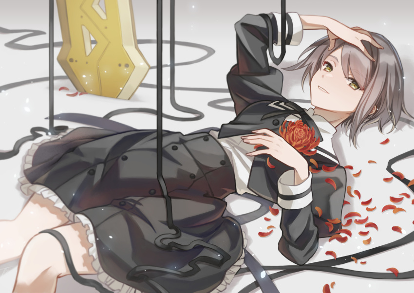 1girl arm_up assault_lily black_ribbon black_skirt buttons commentary cropped_jacket feet_out_of_frame fingernails flower frilled_skirt frills gradient_background grey_background grey_hair grin hand_on_own_chest hand_on_own_head hand_up high-waist_skirt highres juliet_sleeves kawazoe_misuzu knee_up light_particles long_sleeves looking_at_viewer lying miniskirt neck_ribbon on_back parted_lips petals planted planted_sword puffy_sleeves red_flower ribbon school_uniform shadow shirt short_hair skirt smile solo swept_bangs sword tareko weapon white_shirt yellow_eyes yurigaoka_girls_academy_school_uniform