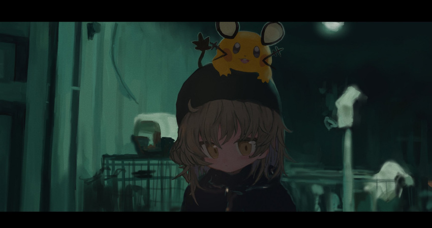 1girl :3 ahoge animal_on_head beret black_headwear black_jacket blurry blurry_background blush brown_eyes ceiling_light closed_mouth crossover dedenne expressionless guitar hat hatoba_tsugu highres indoors instrument jacket letterboxed light_brown_hair looking_at_viewer mole mole_under_eye on_head open_mouth pet_carrier pokemon pokemon_(creature) portrait reitoubeef tsugu_(vtuber) virtual_youtuber