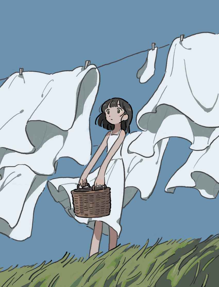 1girl bare_shoulders basket bed_sheet black_eyes black_hair blue_sky blunt_ends closed_mouth clothesline day dress expressionless fucca grass highres holding holding_basket laundry laundry_basket looking_ahead medium_hair original outdoors sky socks solo spaghetti_strap standing sundress wind
