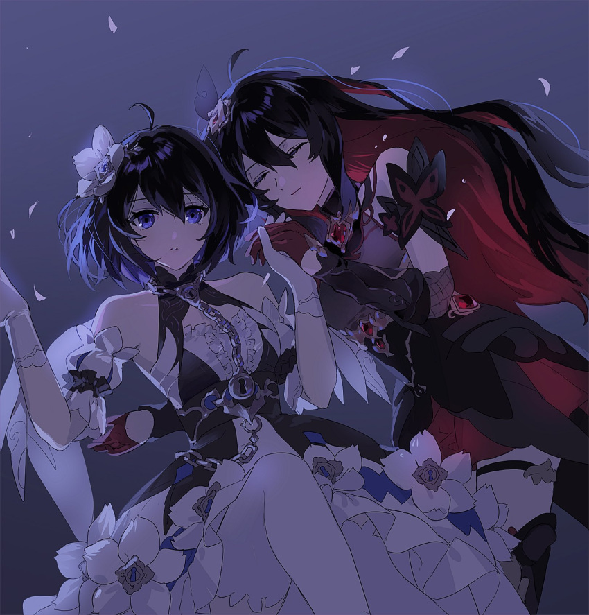 2girls ahoge bare_shoulders black_dress black_hair black_thighhighs blue_eyes breasts closed_eyes closed_mouth dress dual_persona flower gloves hair_between_eyes hair_flower hair_ornament highres holding_hands honkai_(series) honkai_impact_3rd jubeol126 korean_commentary lock long_hair multicolored_hair multiple_girls parted_lips red_gloves redhead seele_(alter_ego) seele_vollerei seele_vollerei_(starchasm_nyx) seele_vollerei_(stygian_nymph) short_hair simple_background small_breasts streaked_hair thigh-highs thigh_strap thighs upper_body white_dress white_gloves white_thighhighs