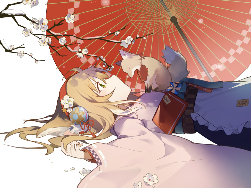 1girl animal animal_ears apron arknights black_skirt blonde_hair branch commentary_request flower fox fox_ears frilled_apron frills from_side green_eyes hair_between_eyes hairband highres japanese_clothes kimono long_hair long_sleeves lying oil-paper_umbrella on_back pink_kimono pinwheel profile red_hairband red_umbrella simple_background skirt snow solo suzuran_(arknights) suzuran_(yukibare)_(arknights) umbrella wdm998 white_apron white_background white_flower wide_sleeves