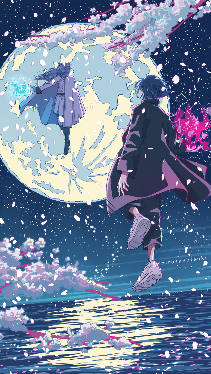 2boys absurdres arknights battle belt black_belt black_footwear black_pants blue_cloak blue_hair boots bowl_cut branch buttons casting_spell cherry_blossoms cloak commentary_request energy energy_ball facing_another falling_petals floating flower full_body full_moon glowing hair_over_face hand_up highres jacket lake levitation long_hair long_sleeves magic male_focus medium_hair military military_jacket military_uniform mizuki_(arknights) moon moonlight multiple_boys night night_sky outdoors pants petals pink_flower reflection reflective_water ripples senran_kagura shirosayotsuki shoes sky sneakers star_(sky) starry_sky tree twitter_username uniform water white_cloak white_hair white_pants white_sneakers yozakura_(senran_kagura)