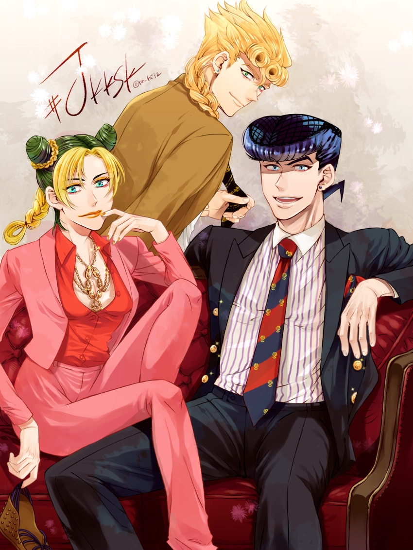 1girl 2boys alternate_costume black_hair blonde_hair blue_eyes blue_hair braid cone_hair_bun diamond_wa_kudakenai double_bun formal giorno_giovanna green_eyes green_hair hair_bun higashikata_josuke highres jewelry jojo_no_kimyou_na_bouken kujo_jolyne midriff mikan03260 multicolored_hair multiple_boys necklace necktie pant_suit pants pinstripe_pattern pinstripe_shirt pompadour shirt sitting stone_ocean striped suit two-tone_hair vento_aureo