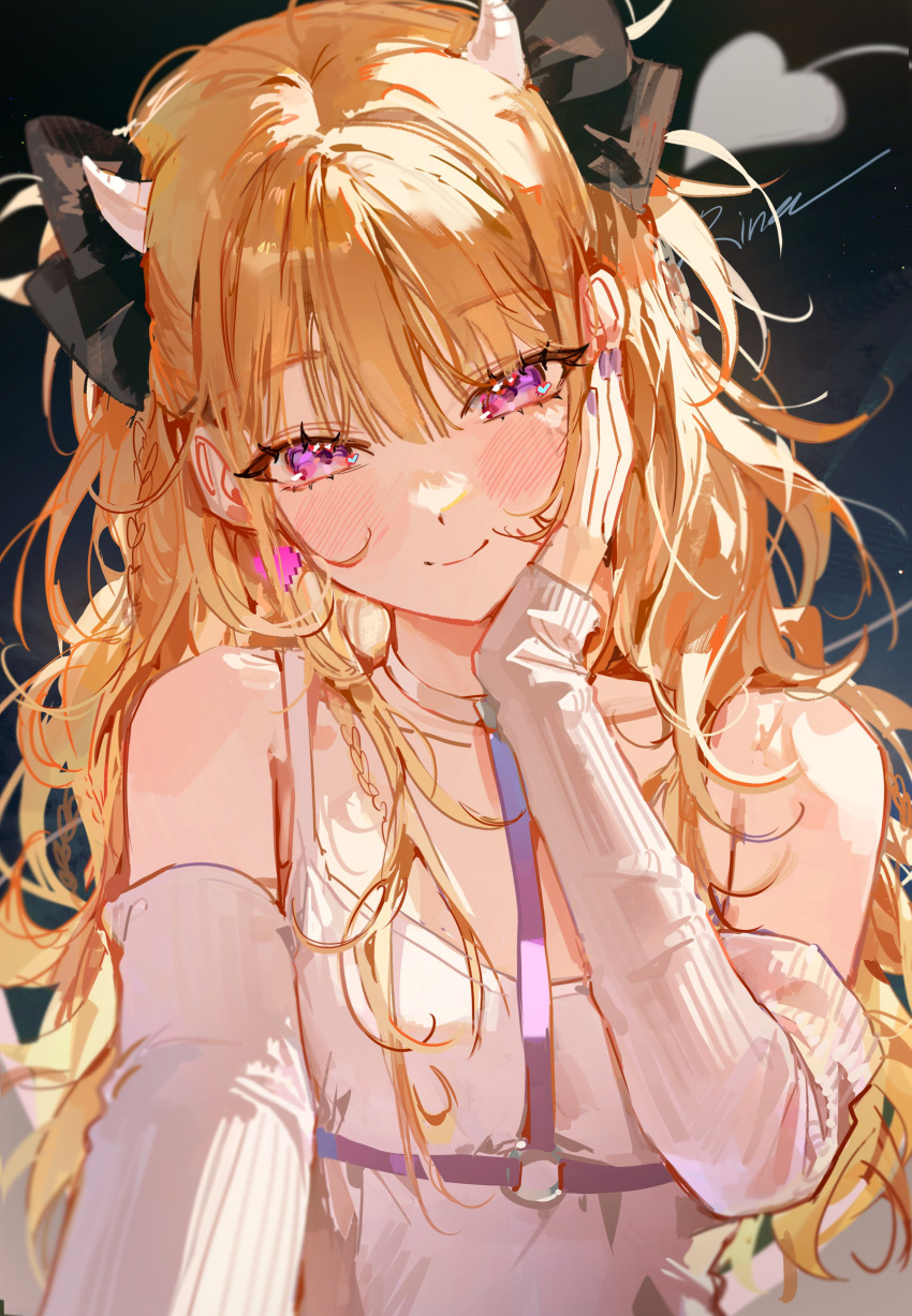 1girl absurdres animal_ears black_background blonde_hair blush bow breasts choker collarbone detached_sleeves hair_bow hand_on_own_face heart heart_tail highres horns kellymonica02 long_hair original signature small_breasts smile solo spaghetti_strap tail violet_eyes