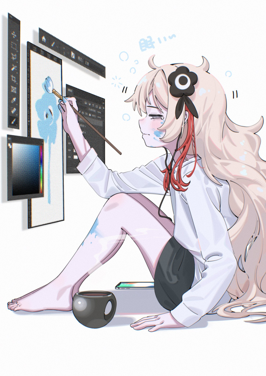 1girl adobe_photoshop barefoot black_flower black_shorts blonde_hair blush chromatic_aberration closed_mouth coffee_mug commentary_request cup earphones earphones feet flower from_side full_body grey_eyes hair_flower hair_ornament hair_over_shoulder highres holding holding_paintbrush isekai_joucho kamitsubaki_studio knees_up legs long_hair long_sleeves looking_ahead messy_hair mug multicolored_hair paint_on_body paint_splatter paint_splatter_on_face paintbrush painting_(action) profile redhead ryuuforkaf shirt shorts sitting sleep_bubble sleepy solo steam streaked_hair sweater tablet_pc tears toes user_interface very_long_hair virtual_youtuber white_background white_shirt