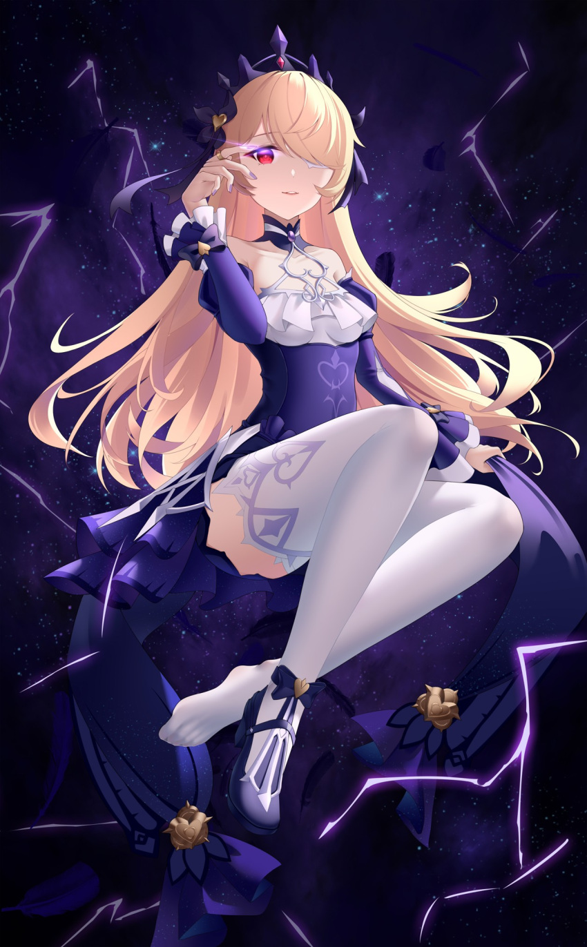 1girl ass bingchuan_xian_yu_huang blonde_hair commentary_request detached_sleeves dress eyepatch fischl_(ein_immernachtstraum)_(genshin_impact) fischl_(genshin_impact) frilled_dress frills genshin_impact hair_over_one_eye highres jewelry long_hair long_sleeves looking_at_viewer official_alternate_costume parted_lips red_eyes ring shoes sidelocks single_shoe sitting solo thigh-highs tiara white_thighhighs zettai_ryouiki