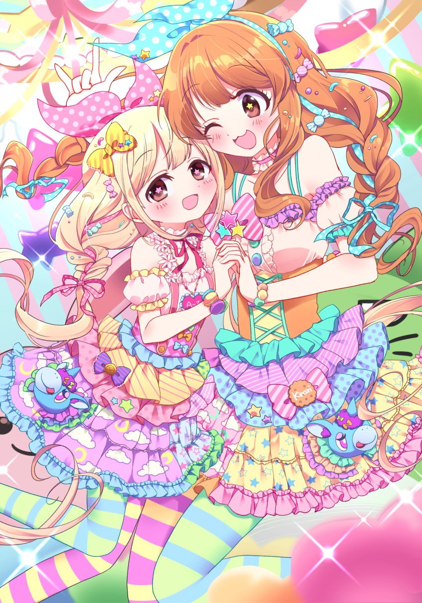 2girls :d ;d absurdres alice-whiteberry alternate_costume bare_shoulders blonde_hair blue_ribbon blush bow bracelet braid brown_eyes candy_hair_ornament choker decora detached_sleeves dress food-themed_hair_ornament frilled_choker frilled_dress frills futaba_anzu hair_bow hair_ornament hair_ribbon highres holding_hands idolmaster idolmaster_cinderella_girls jewelry long_hair looking_at_viewer moroboshi_kirari multicolored_clothes multicolored_dress multiple_girls one_eye_closed open_mouth orange_hair pink_bow pink_ribbon polka_dot polka_dot_bow print_skirt ribbon skirt smile sparkle star-shaped_pupils star_(symbol) symbol-shaped_pupils twin_braids