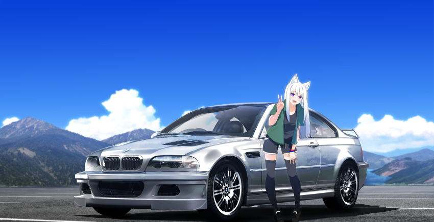 1girl 3d_background absurdres animal_ears black_footwear black_shirt black_shorts black_thighhighs bmw bmw_m3 car clouds collaboration english_commentary erik-m1999 green_hoodie grey_hair highres hood hood_down hoodie katsuki_(erik-m1999) long_hair mixed-language_commentary motor_vehicle mountainous_horizon open_mouth original shadow shirt shoes shorts sky smile sneakers solo suzuki-shi thigh-highs v vehicle_focus violet_eyes
