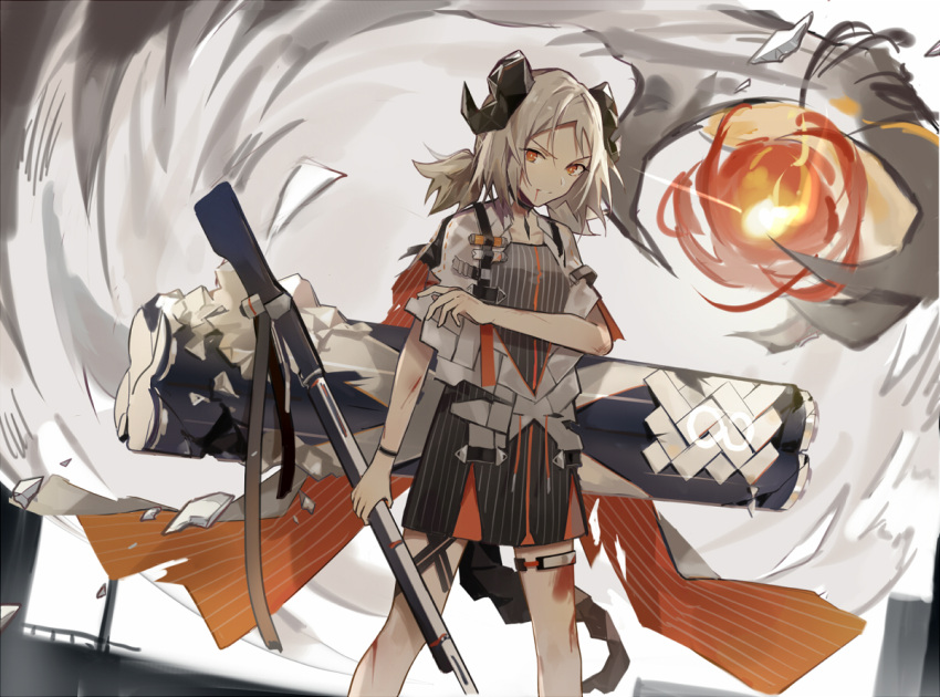 1girl arknights black_dress blood blood_from_mouth breasts collarbone commentary_request dress feet_out_of_frame fire grey_hair gun holding holding_gun holding_weapon horns ifrit_(arknights) looking_at_viewer low_twintails orange_eyes parted_lips short_sleeves small_breasts solo standing striped striped_dress twintails v-shaped_eyebrows vertical-striped_dress vertical_stripes wdm998 weapon
