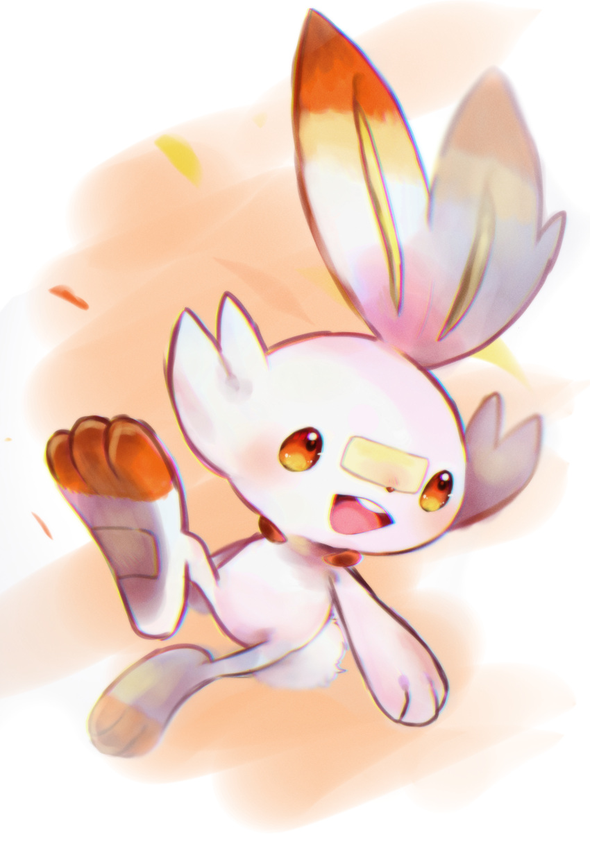 1other absurdres animal_ears animal_feet animal_hands bandaid bandaid_on_face bandaid_on_nose blurry blush body_fur buck_teeth chromatic_aberration commentary depth_of_field full_body furry happy highres looking_to_the_side open_mouth orange_background orange_eyes other_focus pokemon pokemon_(creature) rabbit_ears rabbit_tail scorbunny simple_background smile solo tail teeth tensaitou_tou white_fur