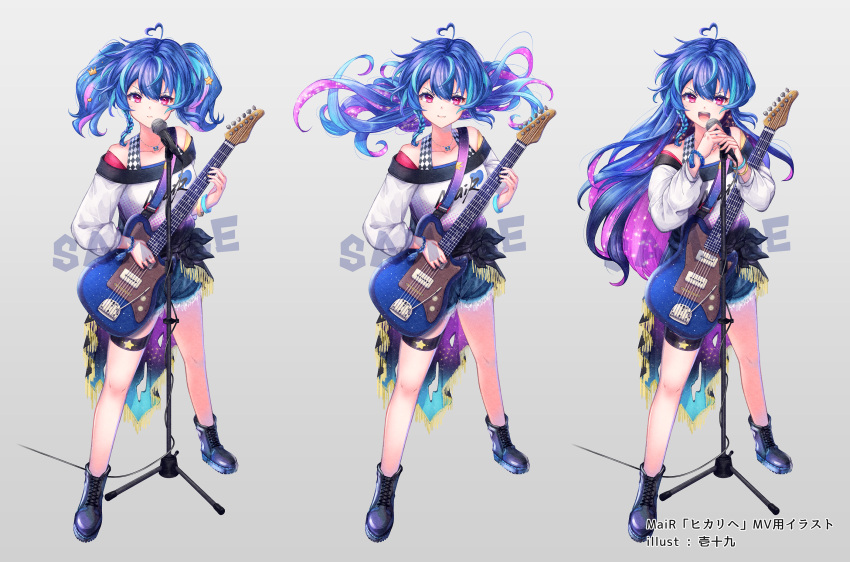 1girl :d ahoge alive_musix bare_shoulders black_footwear blue_hair blue_shorts boots closed_mouth collarbone commentary_request cross-laced_footwear denim denim_shorts electric_guitar grey_background guitar hair_between_eyes heart heart_ahoge highres holding holding_microphone instrument ittokyu lace-up_boots long_hair long_sleeves mair_(alive_musix) microphone microphone_stand multicolored_hair multiple_views off-shoulder_shirt off_shoulder official_art pink_hair puffy_long_sleeves puffy_sleeves sample_watermark shirt short_shorts shorts simple_background smile streaked_hair twintails two-tone_hair v-shaped_eyebrows very_long_hair violet_eyes virtual_youtuber white_shirt