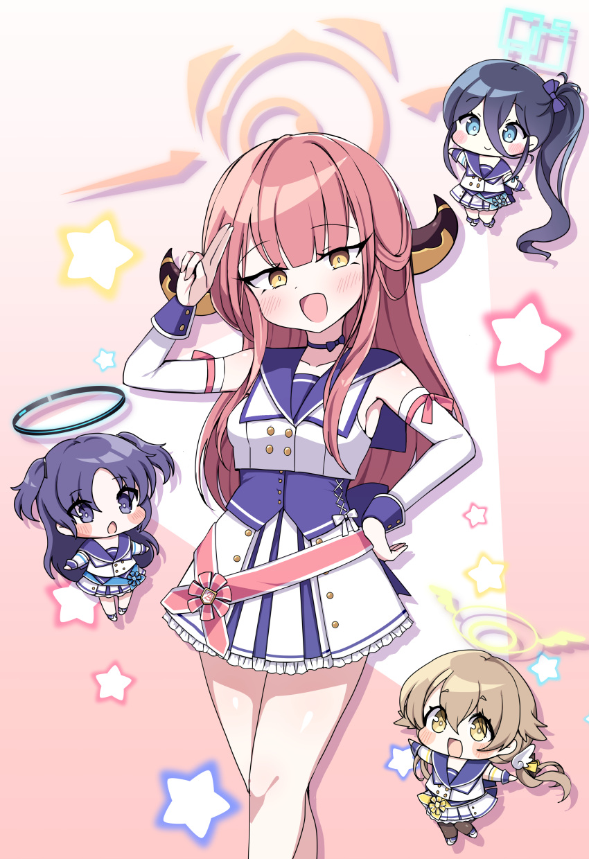 4girls :d :o absurdly_long_hair absurdres aris_(blue_archive) aru_(blue_archive) black_hair blue_archive blue_eyes blunt_bangs bow bow_chemise brown_hair chibi chibi_inset choker collarbone commentary_request demon_girl demon_horns detached_sleeves hair_between_eyes hair_bow hair_ribbon halo hand_on_own_head hand_on_own_hip hifumi_(blue_archive) highres horns idol long_hair long_sleeves looking_at_viewer low_twintails multiple_girls official_alternate_costume pleated_skirt purple_hair redhead ribbon ribbon_choker side_ponytail sidelocks simple_background skirt smile solo_focus twintails two_side_up very_long_hair violet_eyes wing_hair_ornament yellow_eyes yukki_bunny yuuka_(blue_archive)