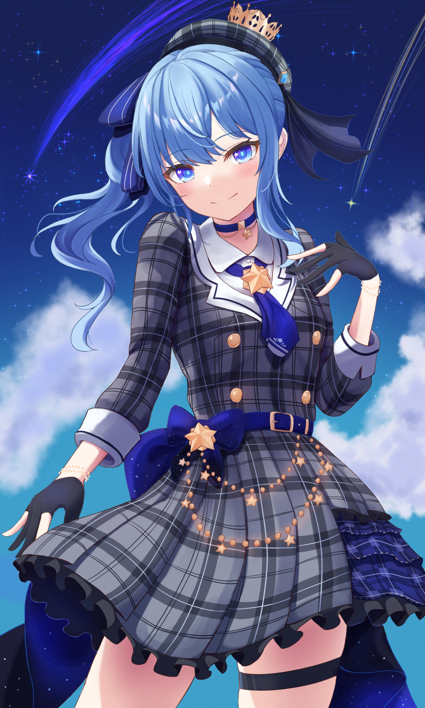 1girl absurdres ascot bead_bracelet beads belt beret black_gloves blue_ascot blue_belt blue_bow blue_choker blue_eyes blue_hair blush bow bracelet brooch choker closed_mouth clouds cowboy_shot crown dress frilled_dress frills gloves hand_up hat highres hololive hoshimachi_suisei jewelry long_hair looking_at_viewer mini_crown night night_sky p-tomi partially_fingerless_gloves plaid plaid_headwear plaid_skirt shooting_star side_ponytail skirt sky smile solo star_(sky) star_(symbol) star_choker star_in_eye starry_sky symbol_in_eye thigh_strap thighs virtual_youtuber