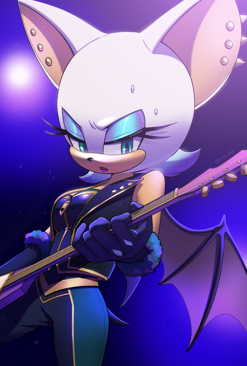 1girl animal_ears animal_nose aqua_eyeshadow bare_shoulders bat_ears bat_girl bat_tail bat_wings blue_background blue_eyeshadow blurry blurry_background breasts electric_guitar eyeshadow furry furry_female gloves green_eyes guitar highres holding holding_instrument instrument makeup open_mouth pants rero_(rero_nn) rouge_the_bat solo sonic_(series) stage_lights sweat tail white_fur wings zipper