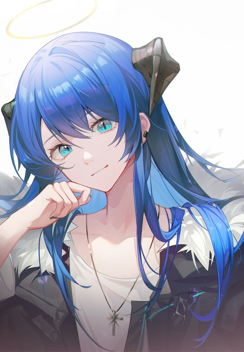 1girl arknights black_jacket blue_eyes blue_hair closed_mouth collarbone commentary_request ear_piercing fur-trimmed_jacket fur_trim hair_between_eyes halo hand_up head_tilt highres horns jacket long_hair looking_at_viewer mostima_(arknights) open_clothes open_jacket piercing shirt smile solo tolu_ya upper_body white_shirt