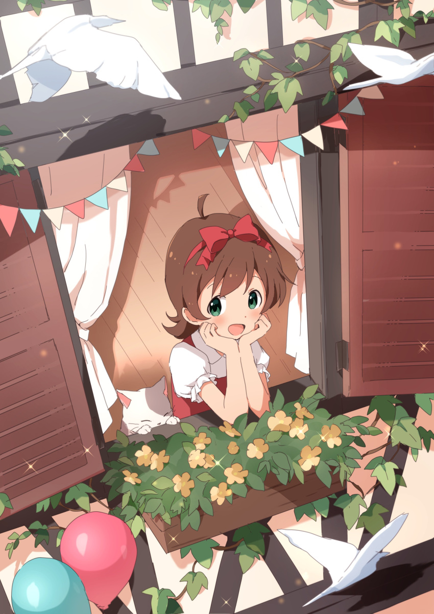 1girl :d absurdres ahoge balloon bird blush brown_hair buchi_(y0u0ri_) cat curtains dot_nose dress flower_pot frilled_dress frills from_above green_eyes hair_ribbon hairband head_rest highres idolmaster idolmaster_million_live! idolmaster_million_live!_theater_days kinoshita_hinata looking_at_another open_mouth open_window plant puffy_short_sleeves puffy_sleeves red_dress red_ribbon ribbon short_hair short_sleeves smile solo string_of_flags vines window