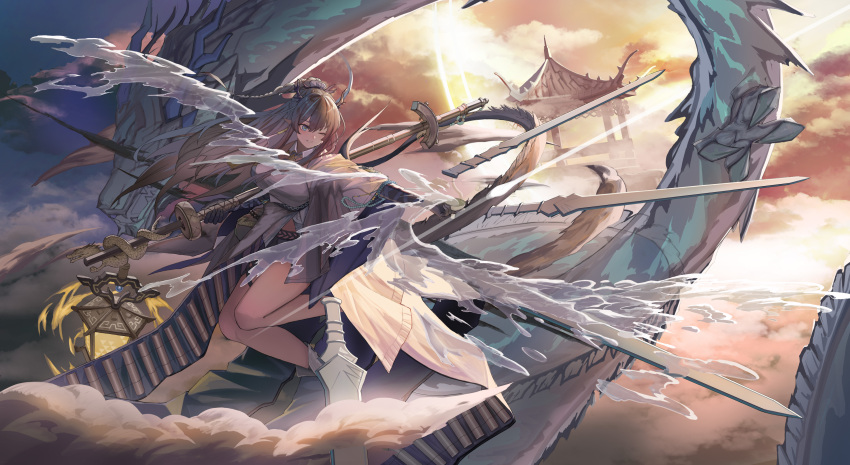 1girl absurdres alcohol architecture arknights blue_hair breasts clouds coat cup dragon east_asian_architecture eastern_dragon highres holding holding_staff horns lantern large_breasts ling_(arknights) long_hair meganeno_dokitsui one_eye_closed pointy_ears sakazuki sake staff twilight white_coat